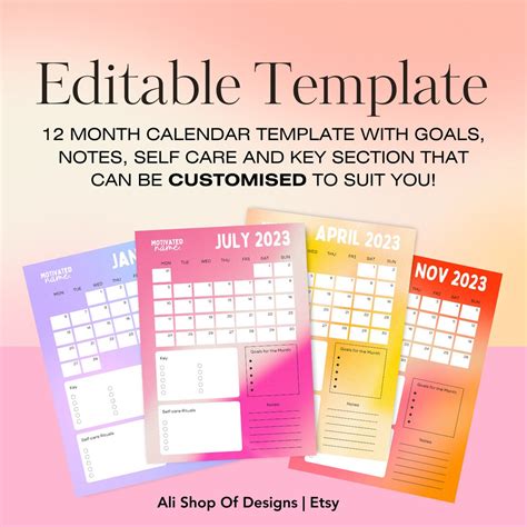 Printable & Editable Calendar Template Colourful Editable - Etsy