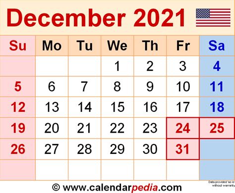 December 2021 Calendar | Templates for PDF, Excel and Word