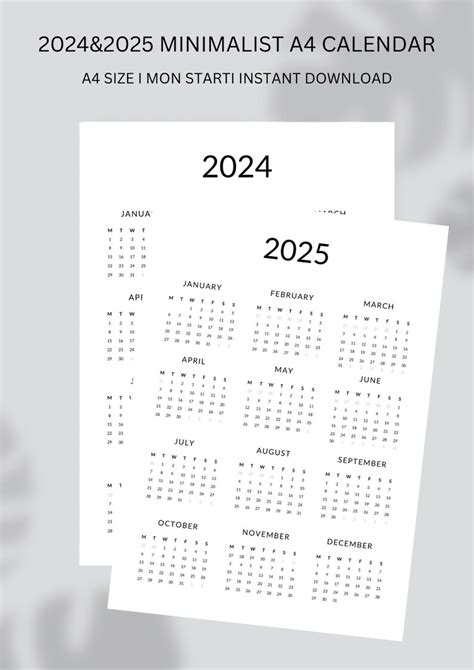 2024-2025 Printable Calendar,calendar Template Printable,a4 Size ,wall ...