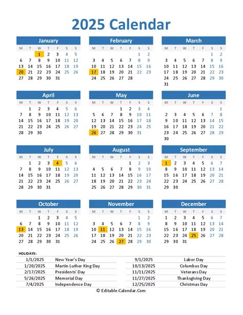 Download Free 2025 Printable Calendar With Us Holidays Portrait, weeks ...