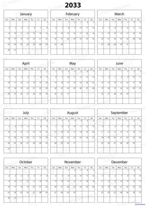 2033 Calendar Printable 1654 | Print-able.com
