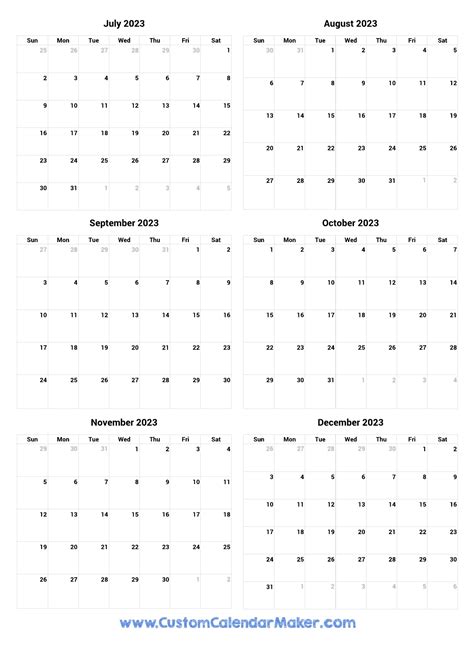 July to December 2023 Printable Calendar